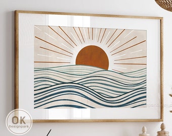 Boho wall art, Printable wall art, Boho art print, Abstract sun poster, Horizontal sun art, Sunset art, Sun nursery print, Nature wall art