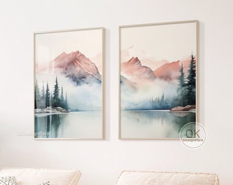 Mountain Lake Print Set de 2, Montañas de acuarela, Paisaje abstracto, Arte moderno de pared minimalista, Impresiones de arte de la naturaleza, Bosque de pinos verdes