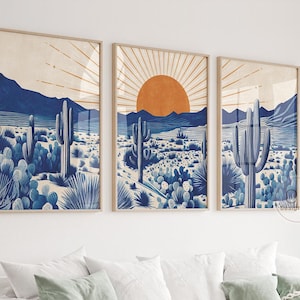 Blau und Terrakotta Wüste Wand Kunst 3er-Set, Kaktus Sonnenuntergang Landschaft Druck, digitaler Download, Boho druckbare Kunst für Wohnzimmer Dekor