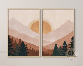 Art mural de montagne, Art mural minimal, Impression de paysage, Décoration d'intérieur moderne, Boho Mountain and Sun Print, Paysage imprimable, Téléchargement numérique