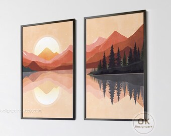 Arte de la pared de la naturaleza de la montaña, arte de la pared de la montaña boho, conjunto de paisaje, arte digital 2 piezas galería de arte de la pared impresiones de la pared puesta de sol moderna de mediados de siglo