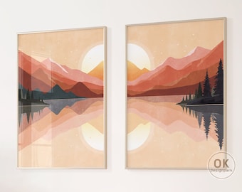 Boho Mountain Wall Art, Mountain Nature Wall Art, Landscape Set, Digital Art 2 Piece Wall Art Gallery Wall Prints Mid Century Modern Sunset