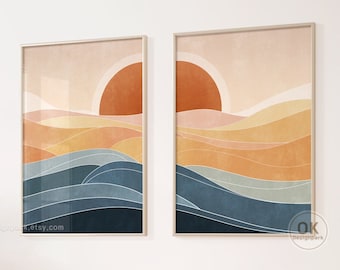 Printable Wall Art, Ocean Waves Print, Landscape Print, Boho Beach Print, Beach House Decor, Abstract Sun Art, Set of 3 Prints, Sunrise Art