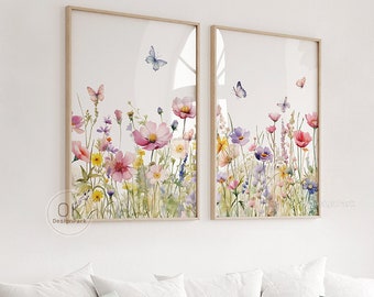 Floral Watercolor Print Set of 2, Wildflower Field Wall Art, Printable Colorful Flower Artwork Digital Download Watercolor Spring Home Decor