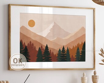 Abstract Wall Art, Boho Mountain Art, Terracotta Landscape, Orange Sun Printable, Minimal Mountain Art, Digital Download, Sunset Room Decor