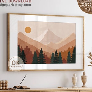 Abstract Wall Art, Boho Mountain Art, Terracotta Landscape, Orange Sun Printable, Minimal Mountain Art, Digital Download, Sunset Room Decor