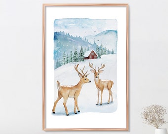 Kerstprints, Groenblijvende bomen, Kerst afdrukbaar, Kerstfoto's, Kerst kunst Print Dennenboom afdrukken Aquarel schilderij Winter