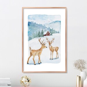 Christmas prints, Evergreen trees, Christmas printable, Christmas pictures, Christmas art Print, Pine tree prints, Watercolour painting, Evergreen trees, Winter deer print, Holiday decor, Downloadable art