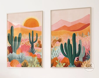 Kleurrijke woestijn, Californië woestijn kunst aan de muur, kleurrijke bergkunst, kleurrijke landschapskunst, Midcentury moderne roze woestijn reizen retro decor