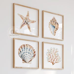 Conjunto de 4 peças de arte de parede com tema costeiro, decoração boho para casa de praia, estampas em aquarela do oceano, estrela-do-mar, concha, arte de coral, quarto náutico, imprimível, presente.