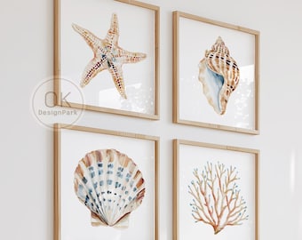 Coastal Wall Art Set of 4, Boho Beach House Decor, Watercolor Ocean Prints, Starfish, Seashell, Coral Art, Nautical Bedroom, Printable, Gift
