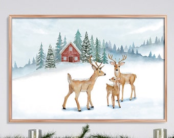 Christmas wall art, Rustic christmas printable, Christmas trees print, Christmas pictures, Evergreen trees, Winter deer print, Holiday decor