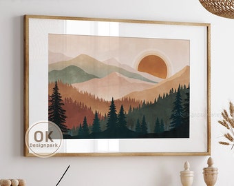 Boho Horizontal Sun Print, Sun Poster, Sunrise Wall Art, Boho Art Print, Abstract Mountain Sunset Print Sun Nursery Print Colorful Sun Decor