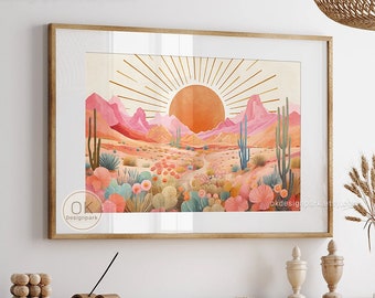 Colorful Western Desert Print, Retro Midcentury Modern Poster, Botanical Cactus Decor, Mountain Sun, Vintage Wild West Art, Landscape Poster