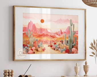Kleurrijke bergkunst, kunst aan de muur van de woestijn van Californië, kleurrijke woestijn, botanische landschapskunst Midcentury Modern Pink Desert Travel Retro Decor