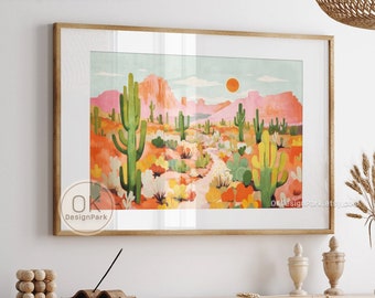 Arizona print, Arizona poster, botanische kunst, kleurrijke muurkunst, maximalistische kunst Saguarocactus Arizona illustratie woestijnlandschap zon kunst
