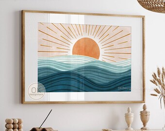 Modern Ocean Prints, Beach House Decor, Boho Beach Print, Ocean Waves Print, Ocean Wall Art, Abstract Sun, Abstract Landscape, Printable Art