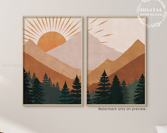 Boho Mountain Art, Abstract Mountain, Sunset Room Decor, Abstract Wall Art, MidCentury Landscape, Orange Sun Printable, Minimal Mountain Art