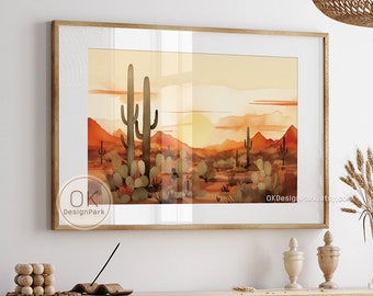 May include: A watercolor painting of a desert landscape with cacti and mountains in shades of orange, yellow, and brown. The painting is framed and hanging on a wall in a room with a wooden table and chairs.