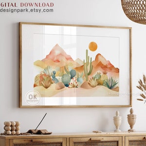 Désert Wall Art, Boho Aquarelle Cactus, Nature Wall Art Horizontal Wall Art Abstract Mountain Desert Landscape Sun and Mountain Minimalist
