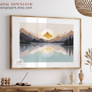 Boho Ozean, Landschaftsdruck, Sonne und Berge Wandkunst, minimalistische Kunst, abstrakte Berge, Sonnenuntergang Poster, Raumdekor, Natur Kunst modernes Zuhause