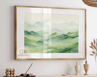 Green Mountain Horizontal Wall Art Watercolor Mountain Landscape, Boho Abstract Nature Print, Modern Minimal Decor, Digital Download