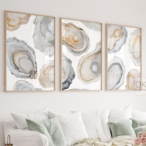 Coastal Oyster Watercolor Print - Set of 3 - Beach House Wall Art - Nautical Shell Painting-Sea Life Decor-Digital Download-Serene Shell Art