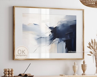 Navy Blue Wall Art Horizontal Print, Dark Blue Abstract Wall Art, Modern Wall Art, Blue and White Art, Printable Wall Art, Digital Download