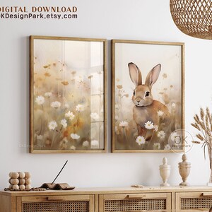 Spring Bunny Rabbit Printable Wall Art, Wildflower Field Art Easter Print, Vintage Rabbit Painting Spring Decor Nursery Decor Cottage Garden