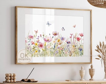 Floral Watercolor Horizontal Print, Wildflower Field Wall Art, Printable Colorful Flower Art, Digital Download, Watercolor Spring Home Decor