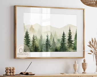 Sage Green Mountain Horizontal Wall Art Watercolor Mountain Landscape, Boho Abstract Nature Print, Modern Minimal Decor Pine Forest Wall Art