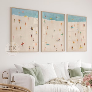 Abstract Coastal Summer Wall Art Set of 3, Beach People Prints, Printable Download