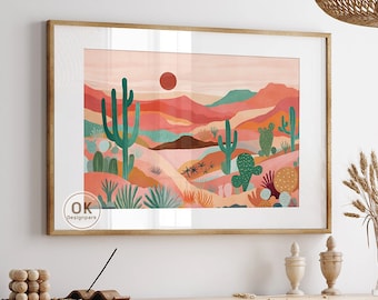 Kleurrijke Desert Wall Art, California Desert, Midcentury Modern Pink Desert, Kleurrijke Bergkunst, Landschapskunst, Travel Retro Decor, Cactus