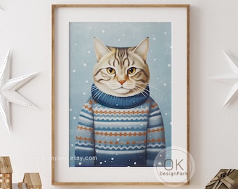 Feline Winter Wonderland, Funny Cat Printable Wall Art, Winter Wall Decor, Christmas Printable Cute Animal Poster Minimalistic Vintage Style