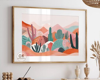 Kleurrijke Desert Wall Art, Californische woestijn, kleurrijke landschapskunst, kleurrijke bergkunst, Midcentury Modern Pink Desert Travel Retro Decor