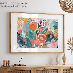 Colorful Abstract Floral Botanical Print, Eclectic Home Decor, Retro Vibrant Colors Wall Art, Flower Prints Living Room Print Maximalist Art