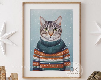 Feline Winter Wonderland, Funny Cat Printable Wall Art, Winter Wall Decor, Christmas Printable Cute Animal Poster Minimalistic Vintage Style