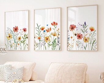 Watercolor Floral Print Set of 3, Wildflower Wall Art, Printable Colorful Flower Artwork, Digital Download, Girls Room Decor Living Room Art