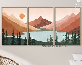 Mountain Print Mid Century, Mountain Landscape, Set of 3 Wall Art, Printable Wall Art Sun Terracotta Wall Art Above Bed Decor Boho Landscape