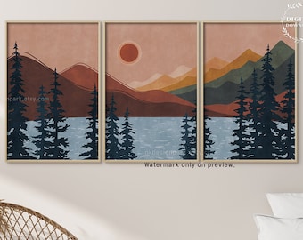 May include: A set of three digital prints featuring a minimalist landscape scene with mountains, a lake, and trees in shades of brown, blue, and green. The prints are framed and ready to hang.