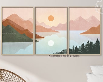 Printable Wall Art, Mountain Print, Mountain Landscape Set of 3 Wall Art Mid Century Sun Terracotta Wall Art Above Bed Decor Boho Landscape