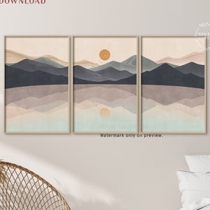 Abstract Mountain, Sun and Mountain Wall Art, Sunset poster, Landscape Print Set, Print Set of 3, Minimalist Art, Boho room decor Nature Art