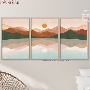 Mountain Landscape, Set of 3 Wall Art, Printable Wall Art, Mountain Print Mid Century Sun Terracotta Wall Art Above Bed Decor Boho Landscape