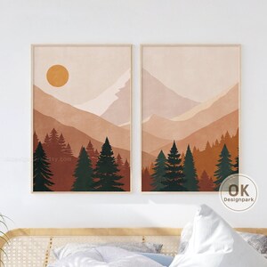 Abstract Wall Art, Print Set of 2,  Boho Mountain Art, Terracotta Landscape, Orange Sun Printable, Minimal Mountain Art, Terracotta Print