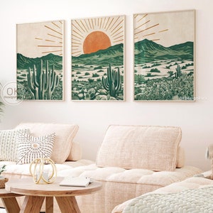 Mexican Desert Green Art Set of 3 Prints, Digital Download, Vintage Retro Modern, Printable Wall Art, Cactus Wall Art, Wall Decor, Landscape
