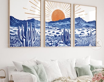 Mexican Desert Blue Art Set of 3 Prints, Digital Download, Vintage Retro Modern, Printable Wall Art, Cactus Wall Art, Wall Decor, Landscape