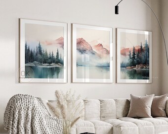 Mountain Lake Print Set of 3, Watercolor Mountains, Abstract Landscape, Modern Minimal Wall Art, Nature Art Prints, Green Pine Forest
