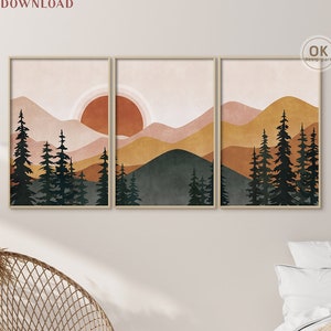 Terracotta printable wall art, Abstract landscape prints set of 3, Mountain wall art Neutral gallery wall Bohemian wall art Masculine modern