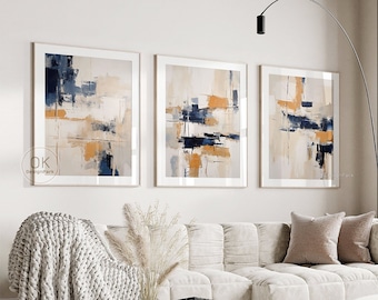 Navy Blue Wall Art Set of 3 Printable Wall Art Modern Wall Art Minimalist Poster Blue Abstract Art Printable Art Brush Strokes Print Digital