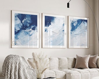 Abstract Blue Wall Art Set of 3 Prints, Blue Abstract Wall Art, Modern Wall Art, 3 Piece Wall Art, Blue and White Art, Printable Wall Art